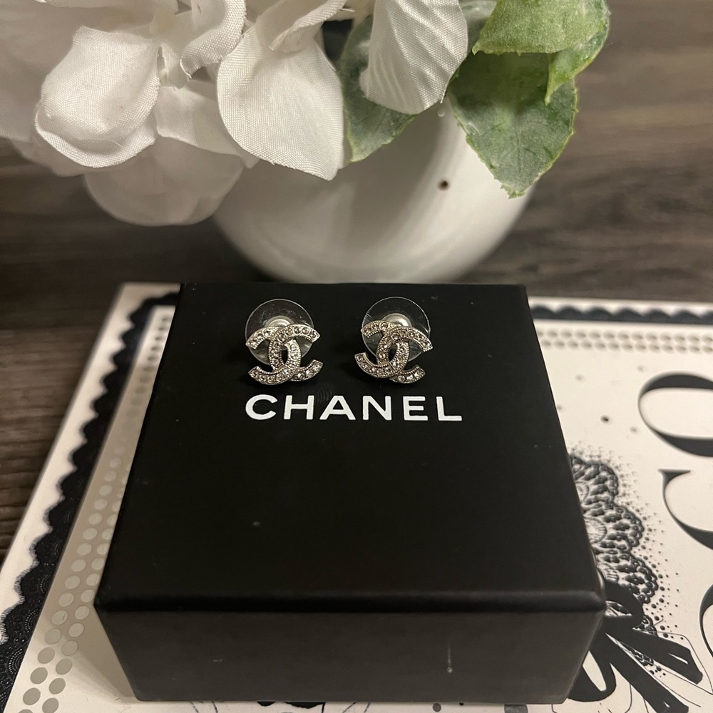 CHANEL Classic Crystal CC Silver Stud Earrings